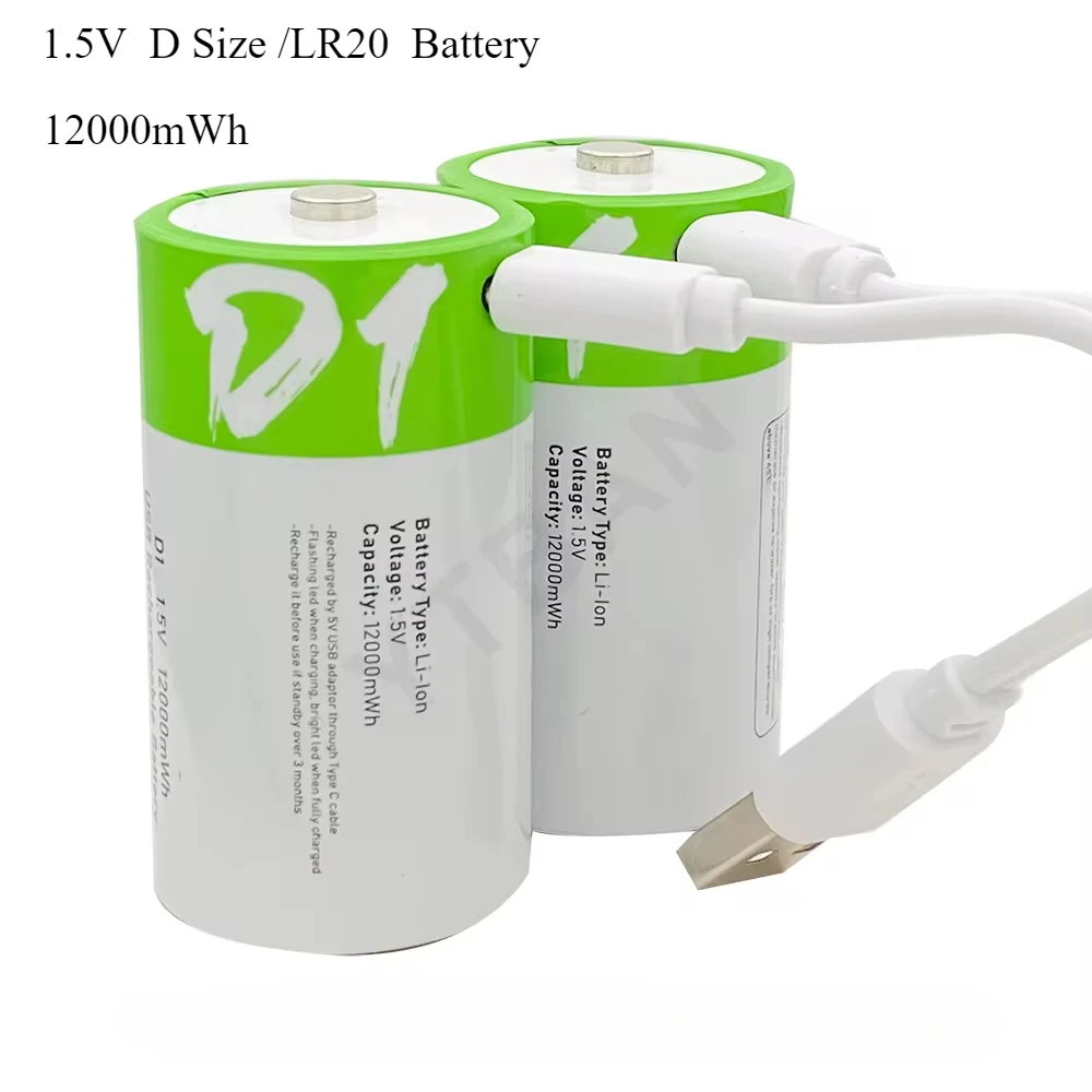 

1.5V LR20 12000mWh D Size Rechargeable Lithium Battery with Type-C charging cable, For Flashlight,Gas stoves and Water Heaters