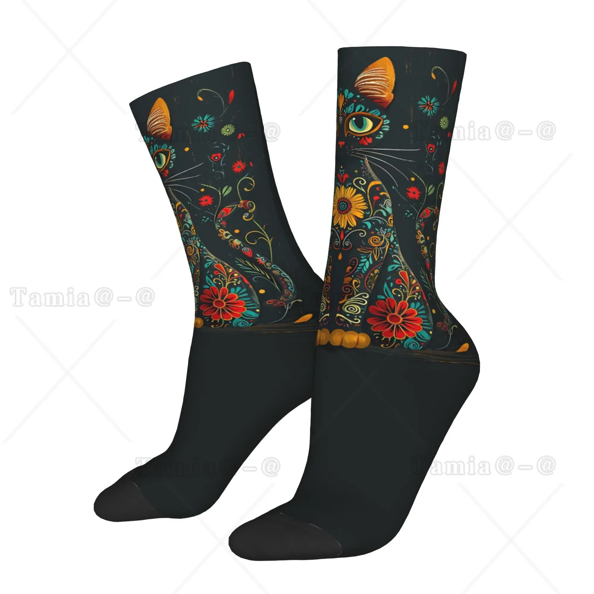 

Mexican Flower Black Cat Sock Printed Man Polyester