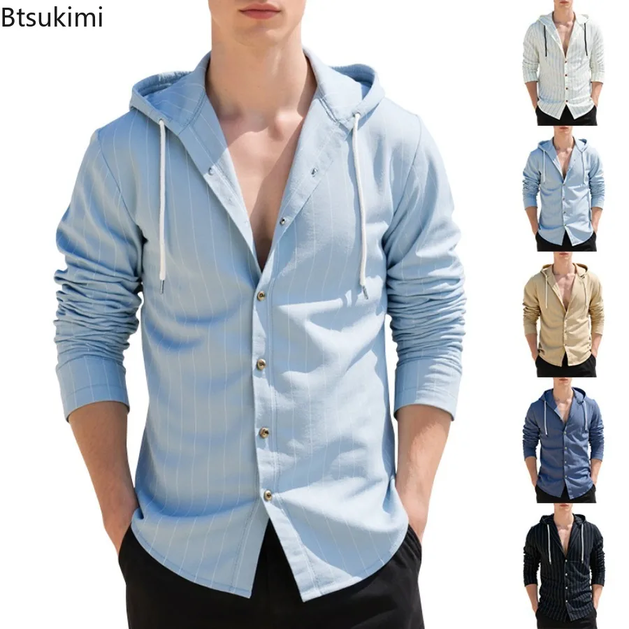 

New 2025 Men's Hooded Cardigan Tops Retro Striped Printing Linen Shirts for Men Spring and Summer Casual Long Sleeve Shirt Male