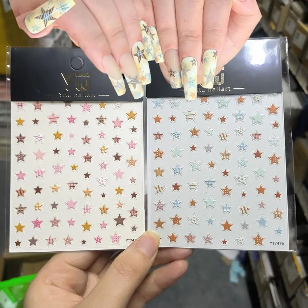 1 Stück 5D geprägte Gitter Stern Nagelaufkleber Y2K Polka Dot Streifen Pentagramm Nagelaufkleber selbstklebende Maniküre-Schieber im koreanischen Stil