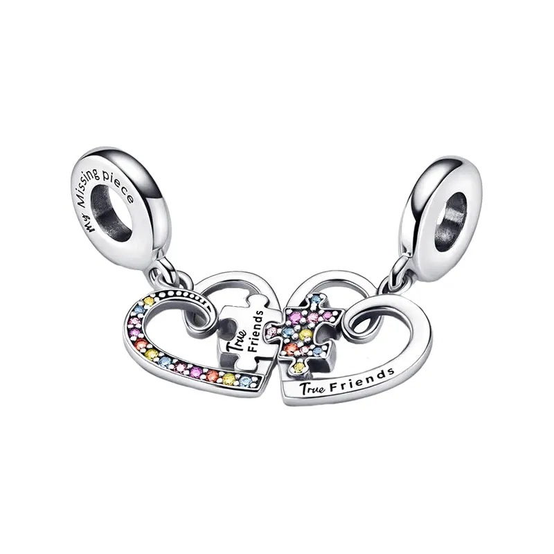 Puzzle Piece Hearts Splittable Friendship Pendants Charms For Women Multicolor Zircon 925 Sterling Silver Jewelry DIY Bracelets