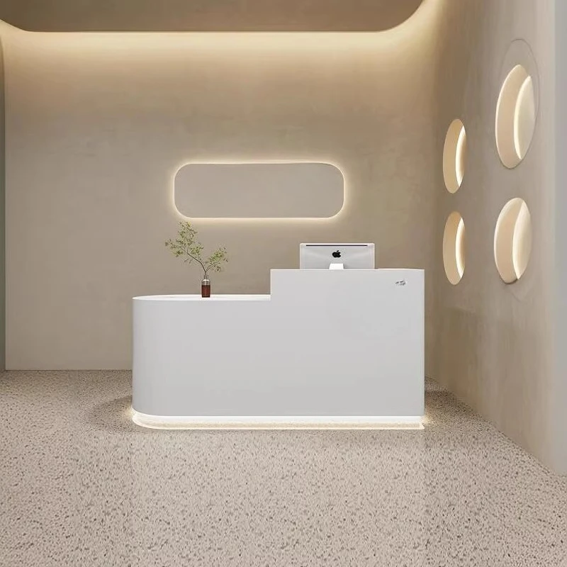 مكاتب الاستقبال ذات أضواء LED الزاوية، تصميم بسيط، مكاتب الاستقبال الجمالية التنفيذية، مكتب الشركة الفاخر، الأثاث العصري
