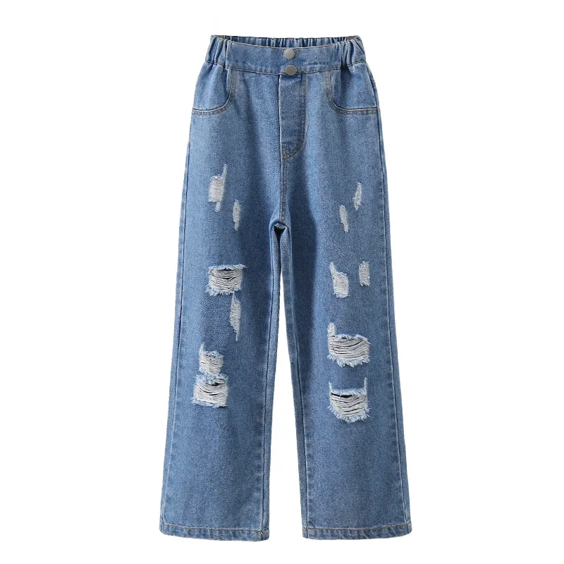 Elegant School Girl Ripped Jeans for Children Vintage Straight Denim Pants With Holes Teenager Casual Destroyed Jeans Trousers