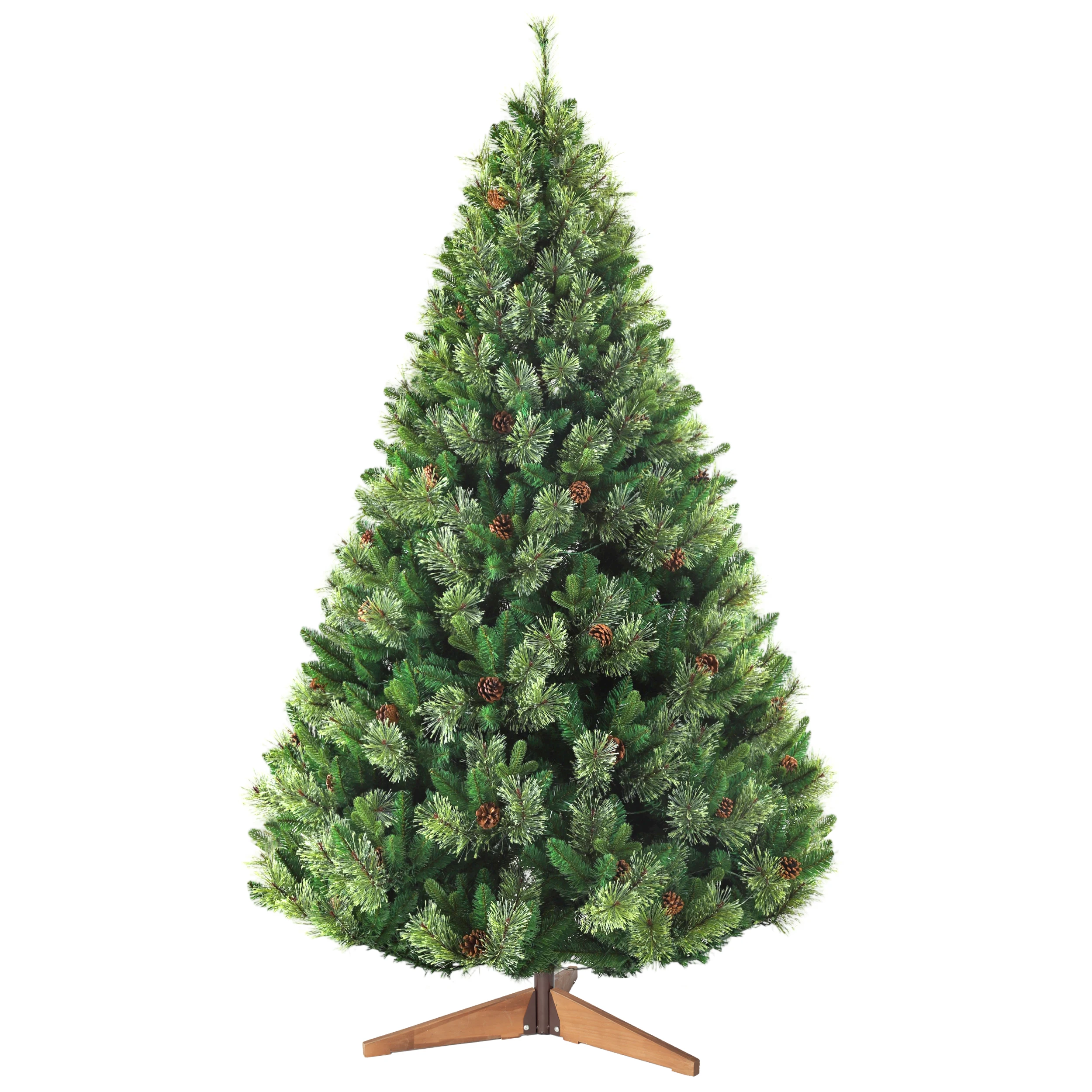 Vorbeleuchteter Künstlicher Weihnachtsbaum 210cm, PE & PVC Gemischte Äste mit Tannenzapfen, 8 Lichtmodi, Holz-Dreifußständer, Feuerfeste Weihnachtsdekoration für Zuhause und Feiertagspartys