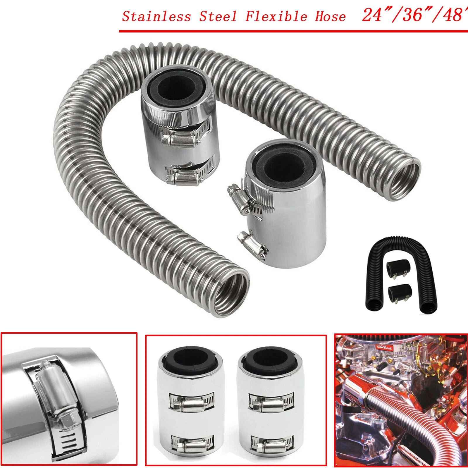 

Mangueras Agua Flexibles Universales Acero Inoxidable 24'' para Radiador, Adaptador Manguera Refrigerante con Kit