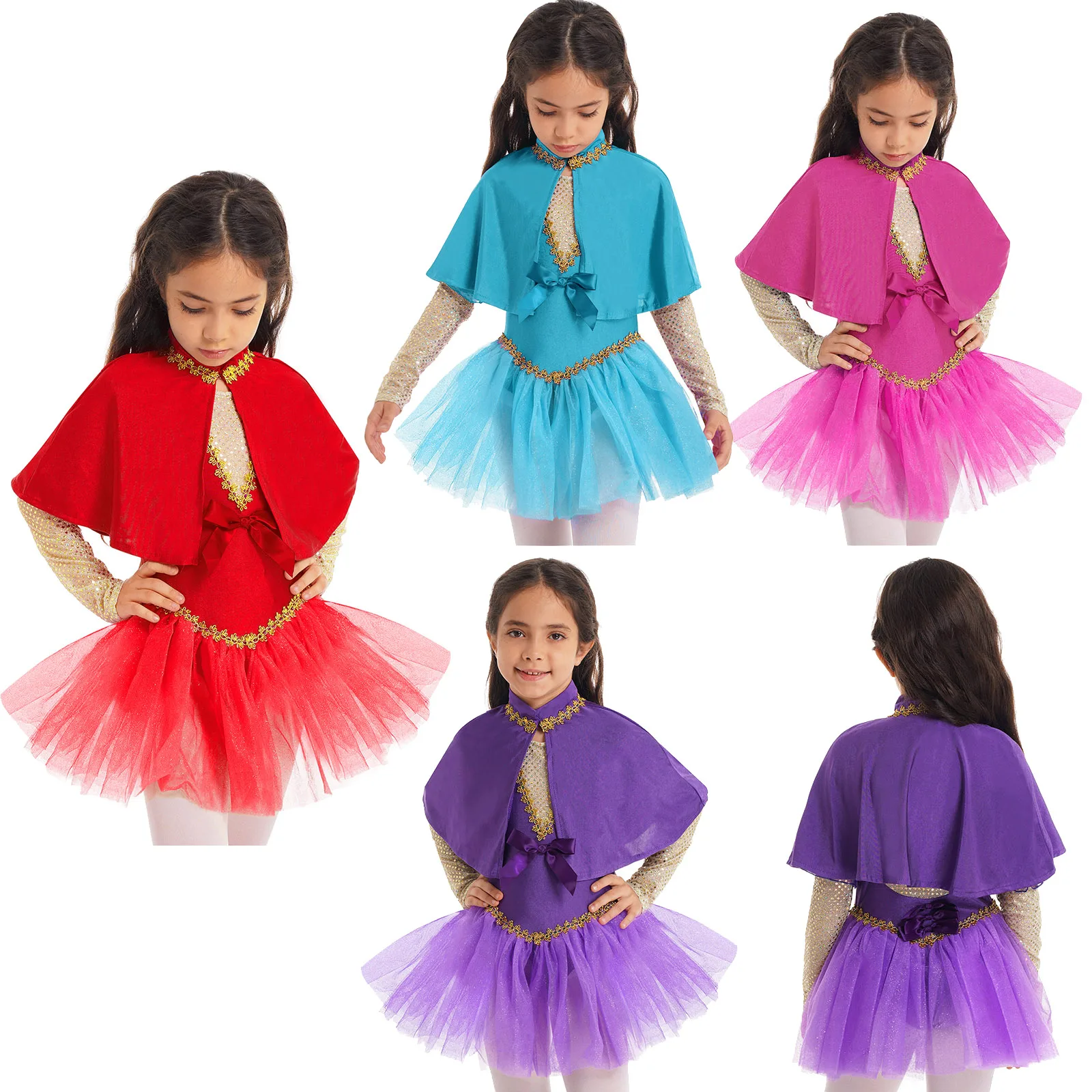 

Kids Girls Ballet Tutu Dress Halloween Princess Cosplay Costume Outfit Sleeveless Shiny Sequined Mesh Leotard Dress Cape Set