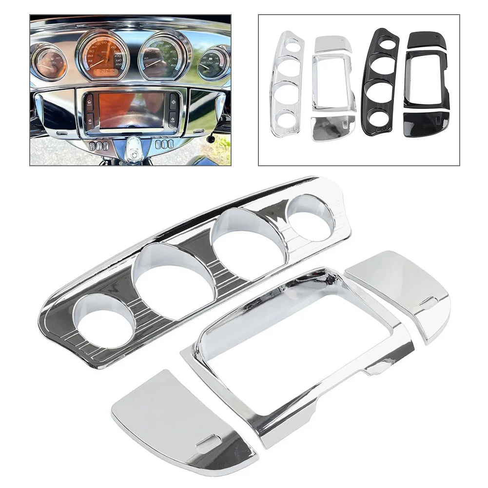 4 Pcs Motorcycle Stereo Accent Trim Cover Gauge Panel For Harley Street Glide FLHX 2014-2023 Glossy Black/Chrome ABS Plastic