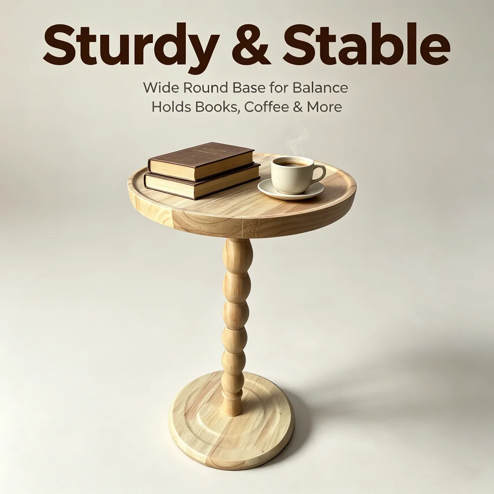 Nordic Style Solid Wood Side Table Eco-friendly Natural Wax Oil Minimalist Bobbin Column Round End Table Rubberwood Accent Table