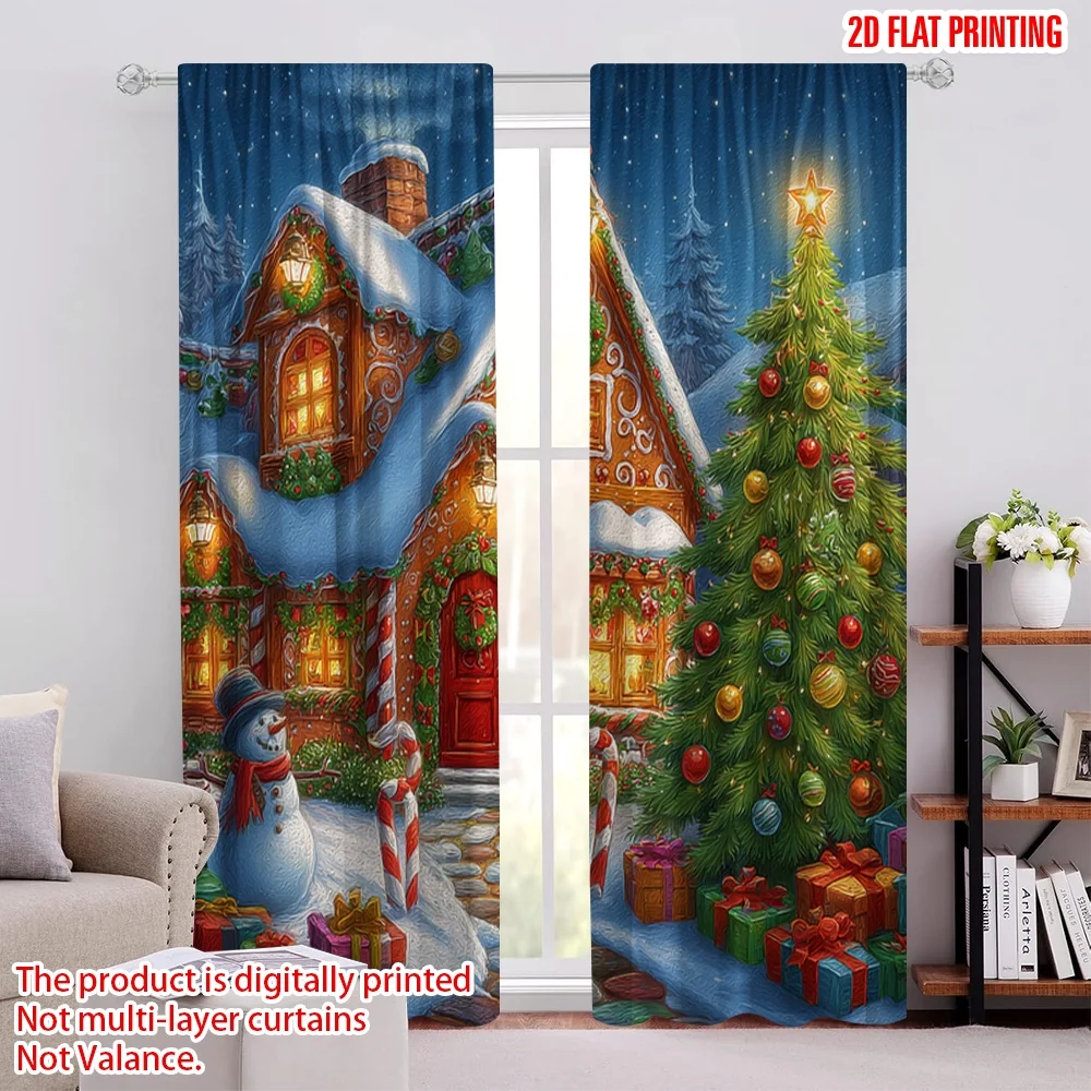 

2pcs 2D flat printing Scene Curtains Winter Holiday Gingerbread House Scene Digital Printed Polyester Drapes Birthday Party