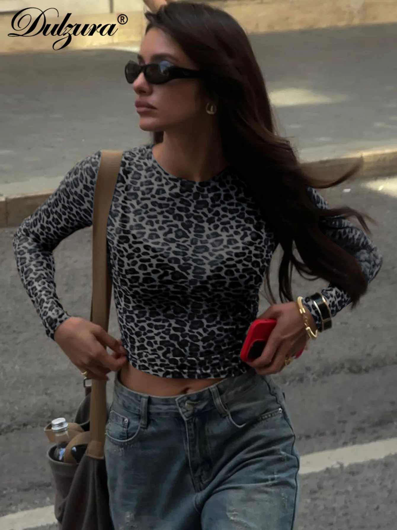 Dulzura Sexy Long Sleeves T Shirt Leopard Printed Mesh Crop Tops Bodycon Women Clothes Party Club Streetwear Drop Shipping Y2K