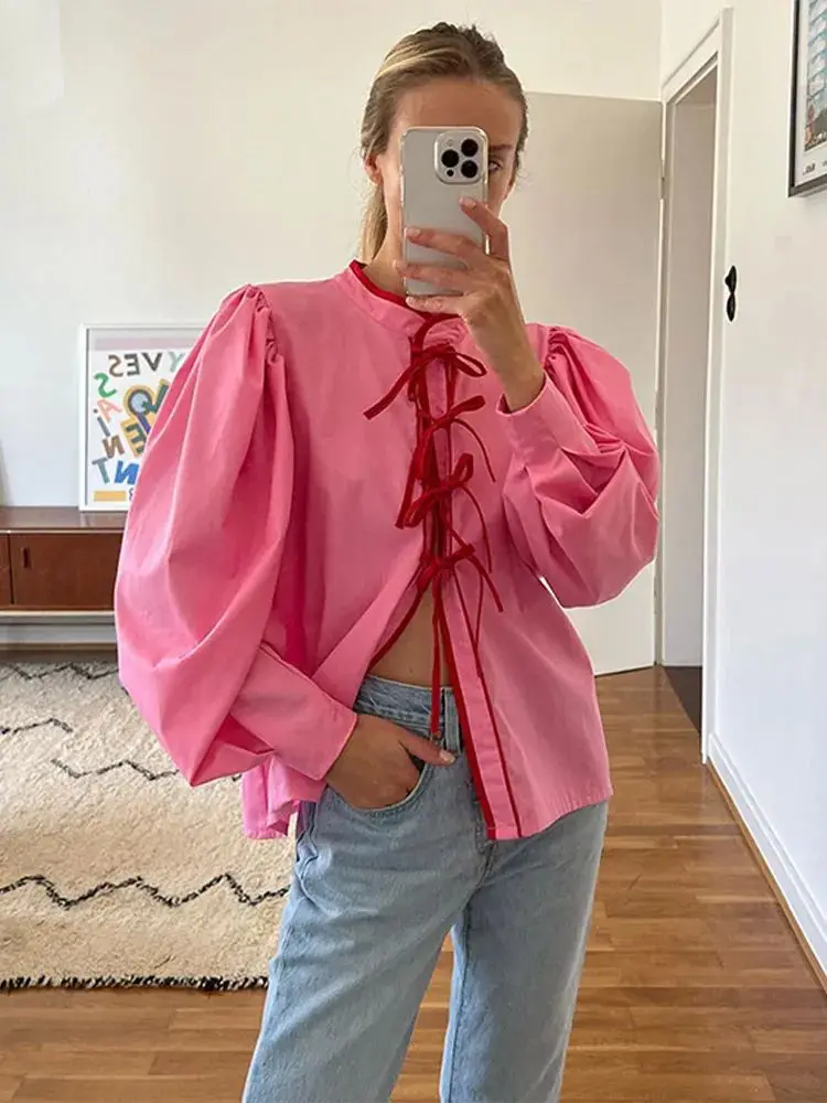 ربيع 2024 المرأة O Ne التباين القوس الدانتيل يصل irts Faionable الدانتيل يصل القمم للسيدات مريحة تناسب بلوزة السيدات