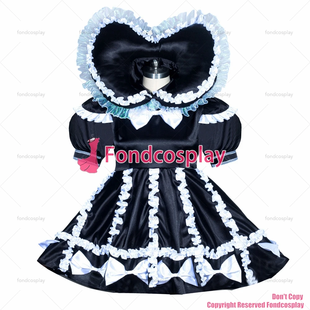 fondcosplay adult cross dressing sissy maid bonnet Jumpsuit French black Satin lockable dress Romper panties CD/TV[G3937]