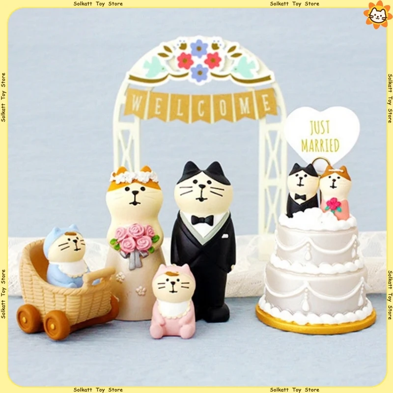 Japanese Cute Cat Bride Groom Resin Figurines Wedding Cake Topper Car Dashboard Decor Couple Wedding Anniversary Gift Ornament