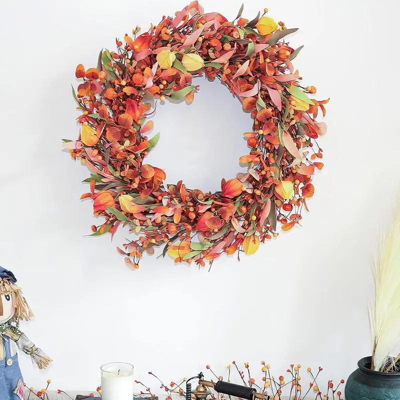 Fall Wreath For Home Thanksgiving Harvest Wreath Indoor Outdoor Rattan Yellow Orange Berries Pumpkin Front Door Farmhouse Decor