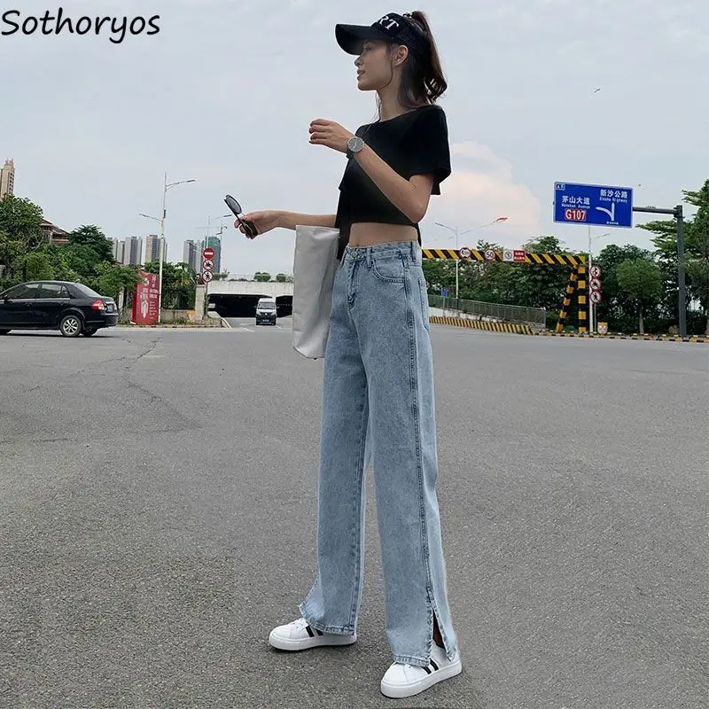 Seite-schlitz Frauen Jeans Hohe Taille Gerade Design Streetwear Casual Harajuku Koreanischen Stil Solide Blau Trendy Alle-spiel chic Bottom