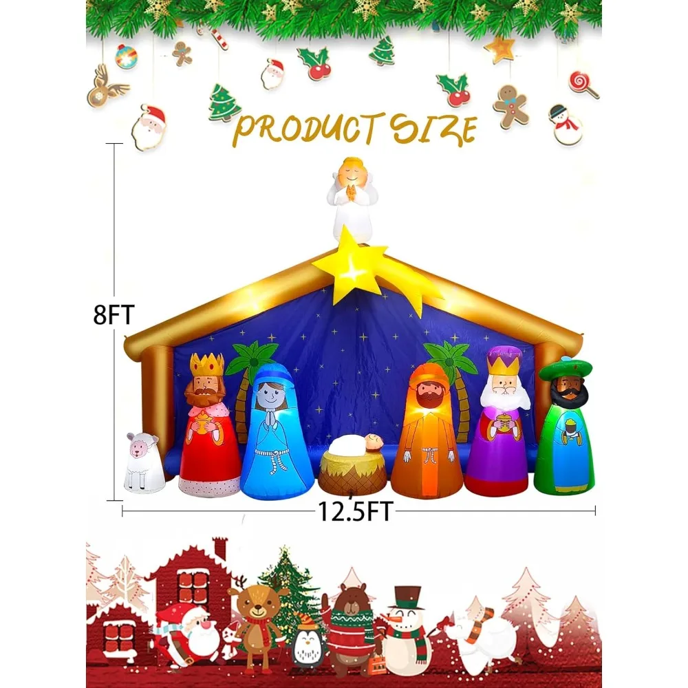 12.5FT Christmas Inflatable Nativity Scene with LED Light, Christmas Outdoor Decoration Inflatable