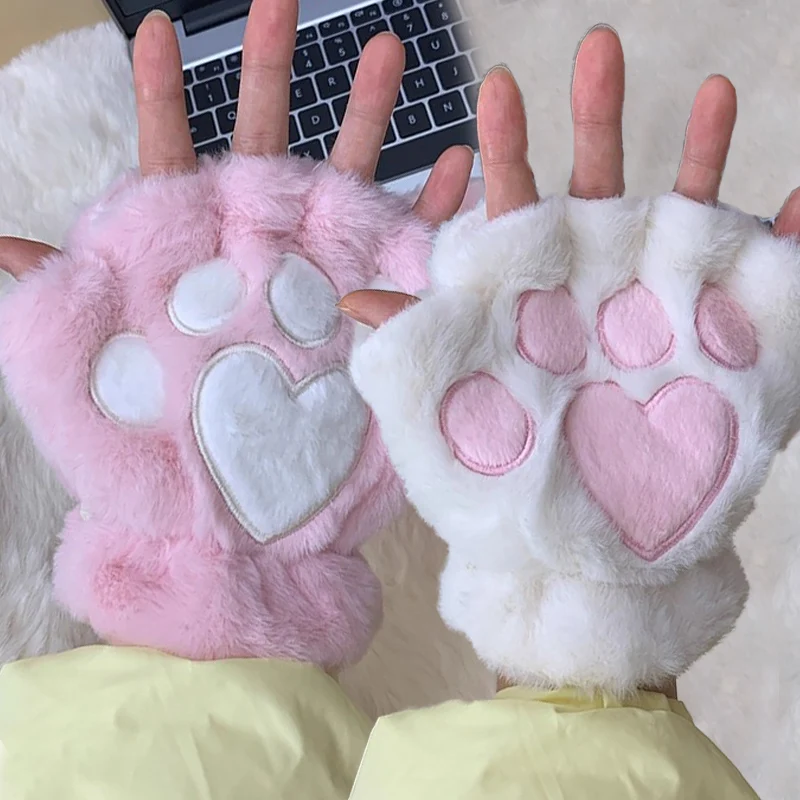 Kawaii Cute Cat Paw Fluffy Claw Fingerless Gloves Warm Soft Plush Women Half Finger Plush Mittens Winter Wear Christmas Gifts