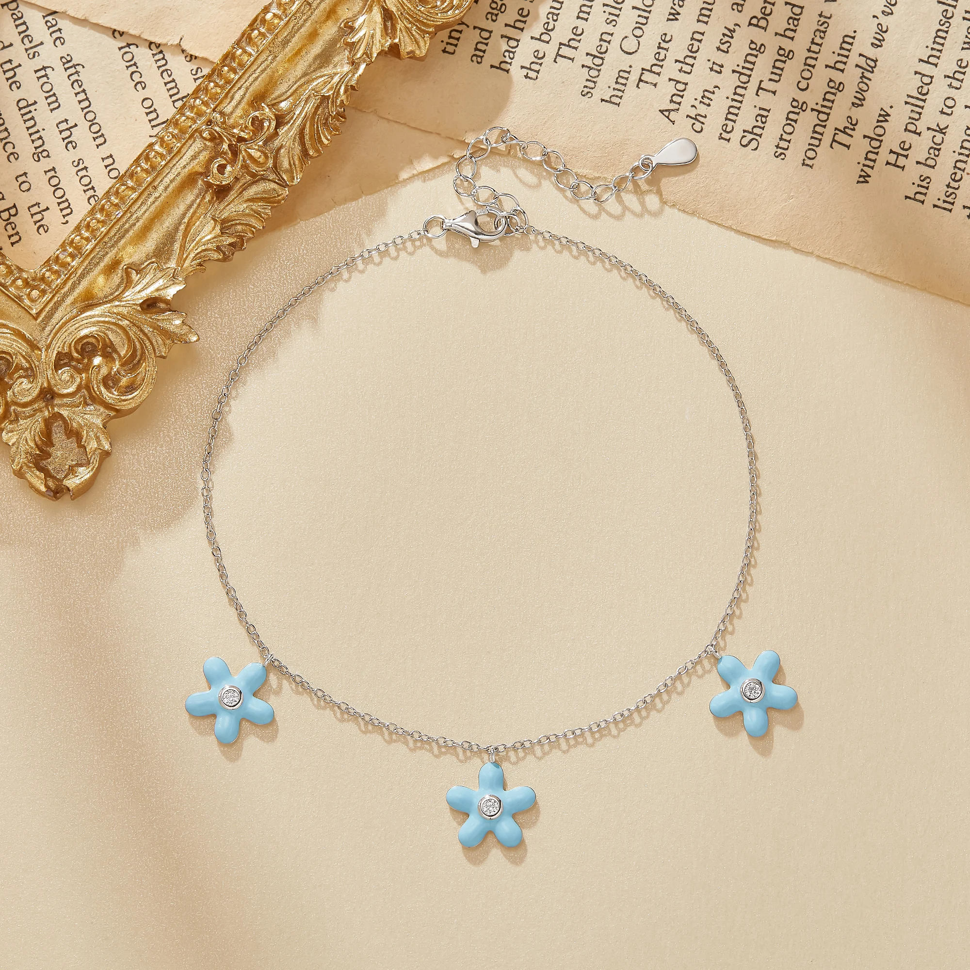 Dainty Blue Enamel Flowers Anklet Bracelet CZ Stone Foot Chain Bracelet Minimalist 925 Sterling Silver Bracelet Jewelry 6690094