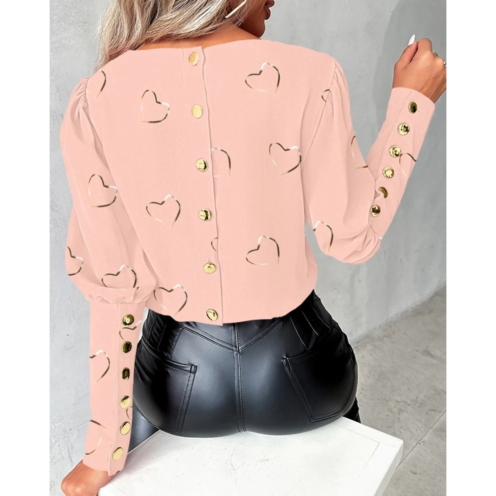 2024 Women Heart Print Gigot Sleeve Top Casual Back Buttoned Decor Blouse Spring Fashion Femme Round Neck Tee Shirts Streetwear