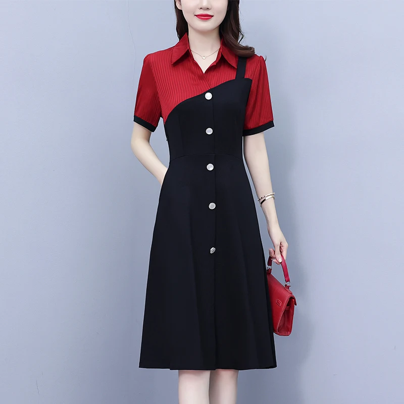 #7985 Black Spliced Red Shirt Dress Turn-down Collar Office A-line Dress Ladies Buttons False Two Piece Irregular Dress Summer