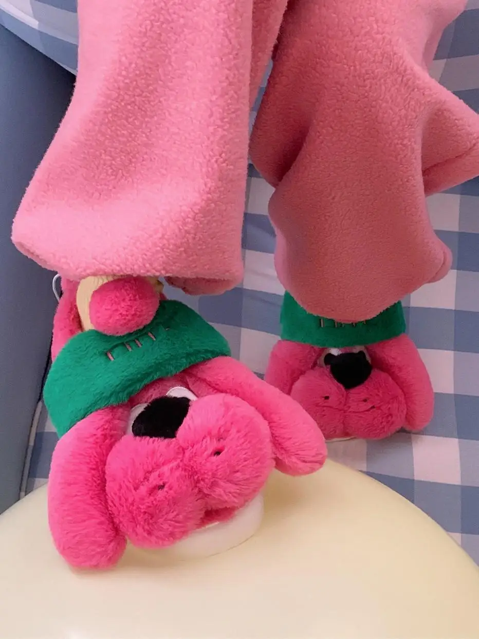 Delicate And Creative Rose Red Dog Cotton Slippers For Women's Winter Home Slippers Warmth And Anti Slip Woolen Shoes Indoor