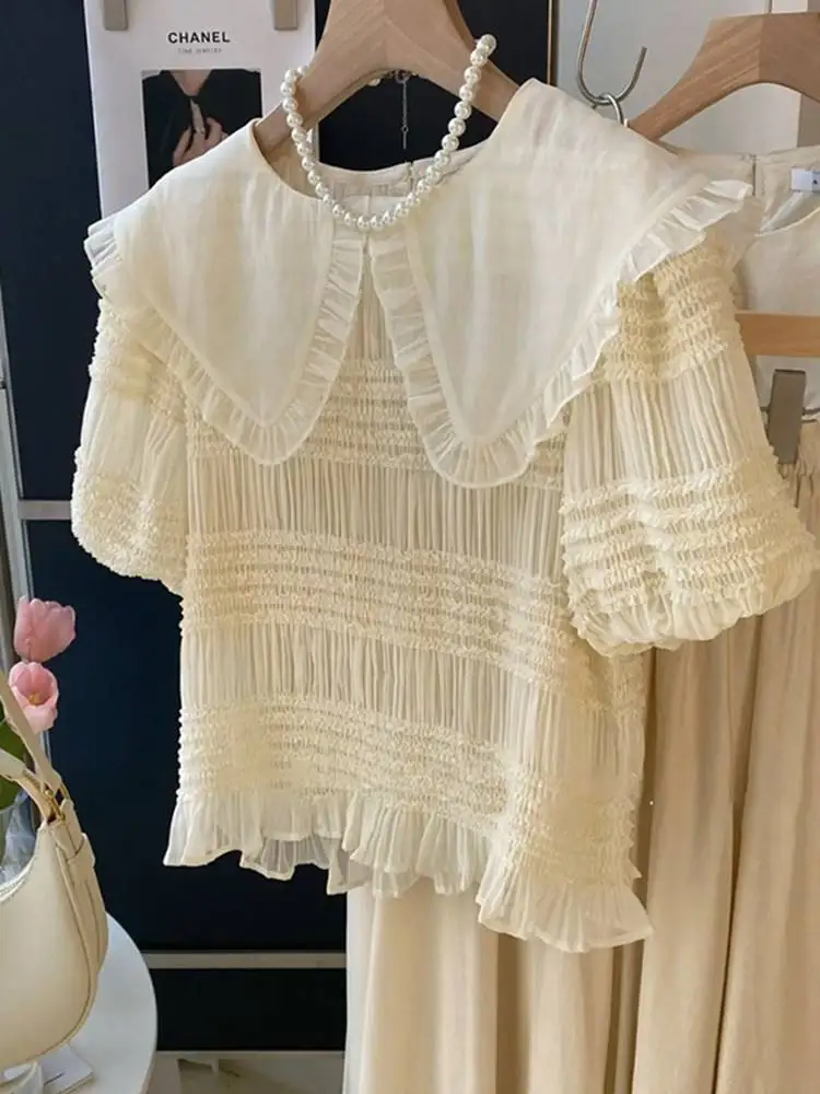

Women's Summer French Gentle Chiffon Doll Collar irt ort Sve Cotton 00% Regular Sve Length Spring Collection