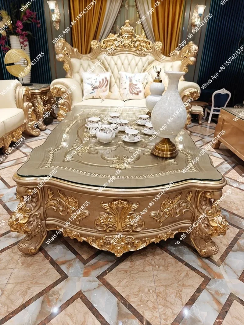 J European-style Large Coffee Table, Villa Living Room All Solid Wood 1.9 Meters Coffee Table, Desktop Engraving with Glass