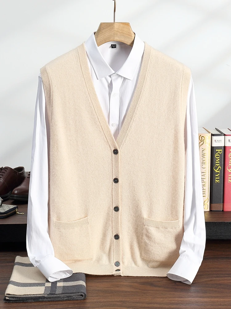 100% Cashmere Sweater Waistcoat Men's V-Neck Knitted Cardigan Spring Autumn Winter New Sleeveless Solid Color Vest Men's Tops