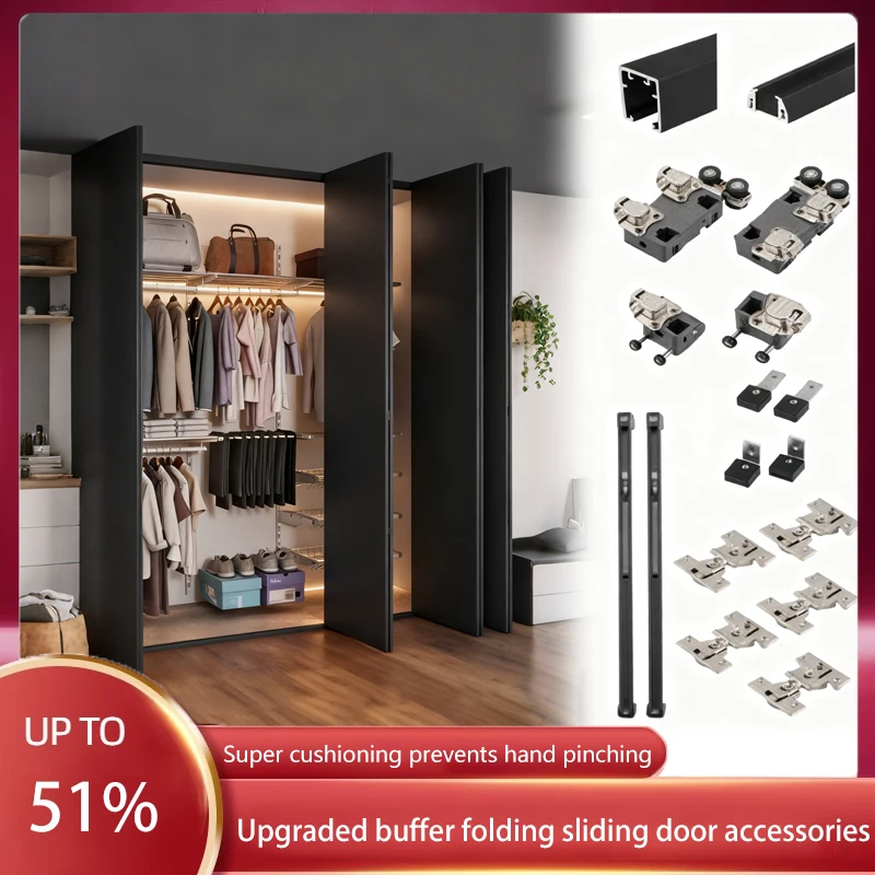 

JISHI Japanese Style Sliding Folding Door Hardware System With Overhead Track Left Right Movement For Metal Closet Wardrobe