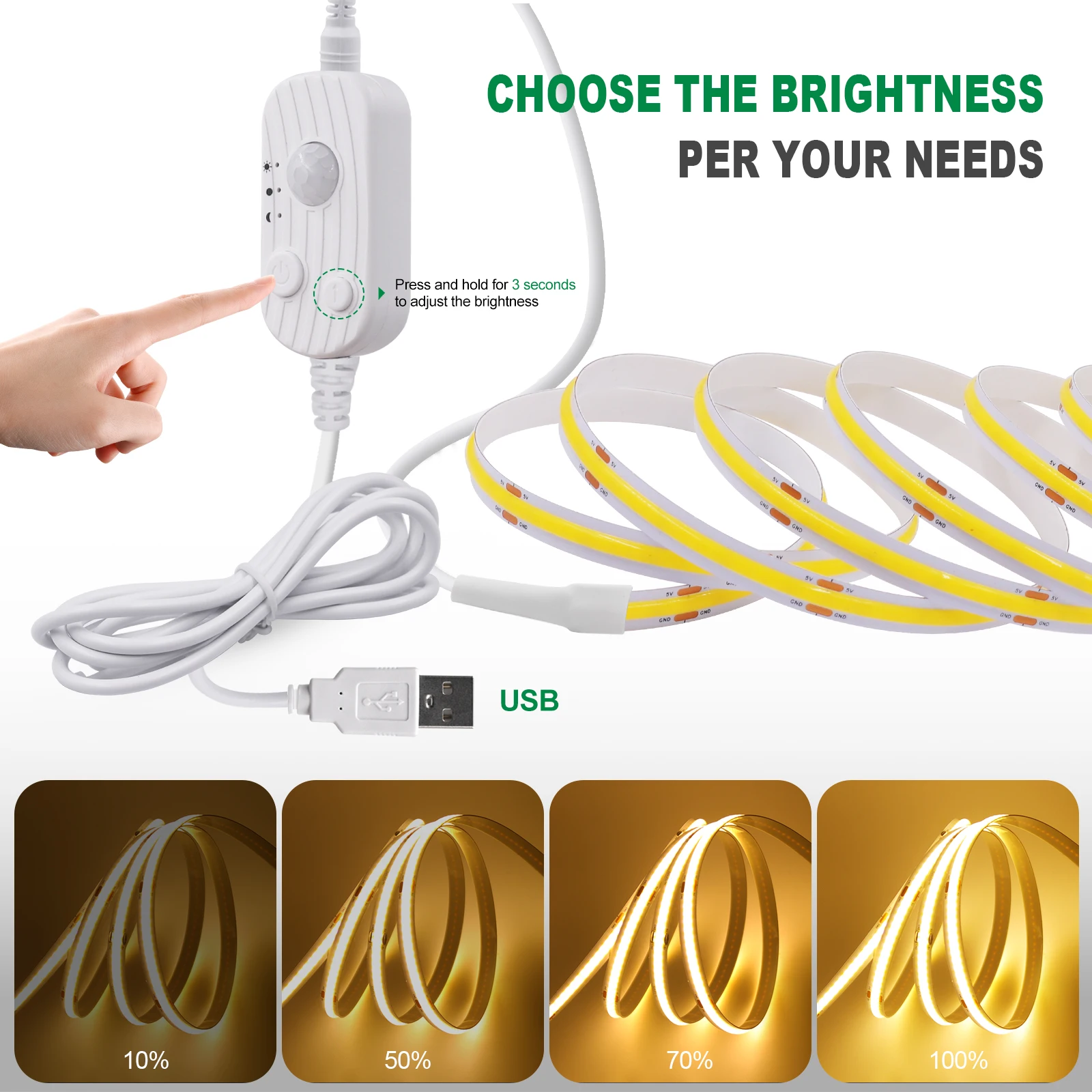 Tira de luces LED COB con Sensor de movimiento PIR, cinta Flexible de alta densidad, 5V, USB, 3MM, 5MM, 8MM, 320LED/M, 3000K-6000K