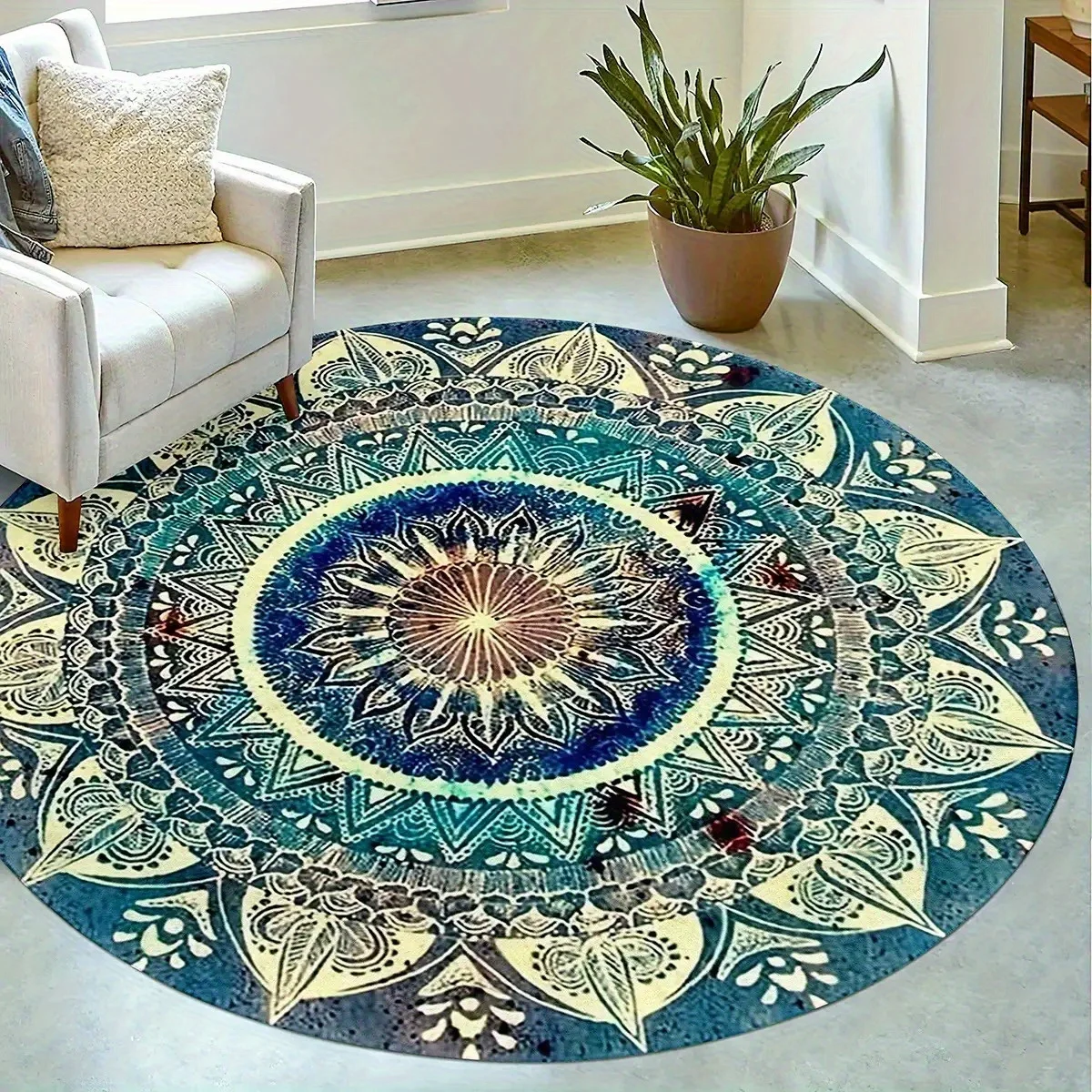 

Crystal velvet carpetBohemian Style Round Mat with 2 Anti-Slip Mats - Golden Diamond Velvet, Lightweight Non-Slip Rubber Backing