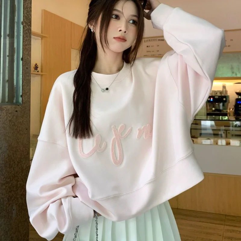 

Модная женская толстовка на флисовой подкладке с коротким круглым вырезом, новая осенне-зимняя утепленная свободная повседневная толстовка с вышивкой в стиле K-pop