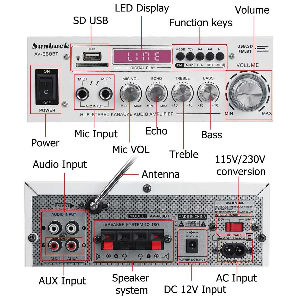 for 2000W power amplifier 2.0 Channel Audio Home Theater Amplifiers DC 12V 110V/220V Support EQ FM SD USB 2 Mic 5.0 bluetooth