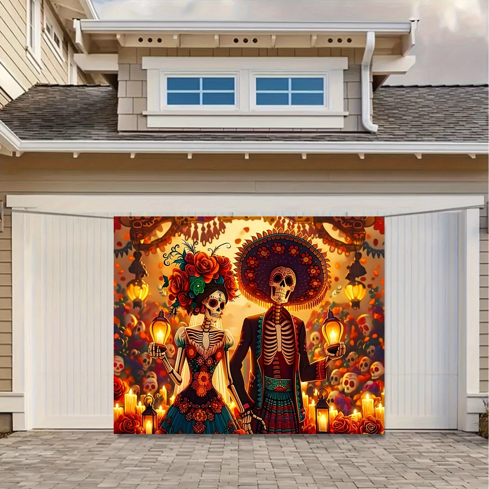 死者の日カーニバル バナー - カラフルなシュガー スカルと花のパターン、パーティー、フォトブース、ホームデコレーション