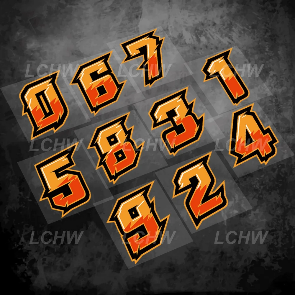Gradient Flame Racing Number Sticker 0-9 Vinyl Decal Waterproof PVC Motorcycle Helmet Car Racing Modification Decor