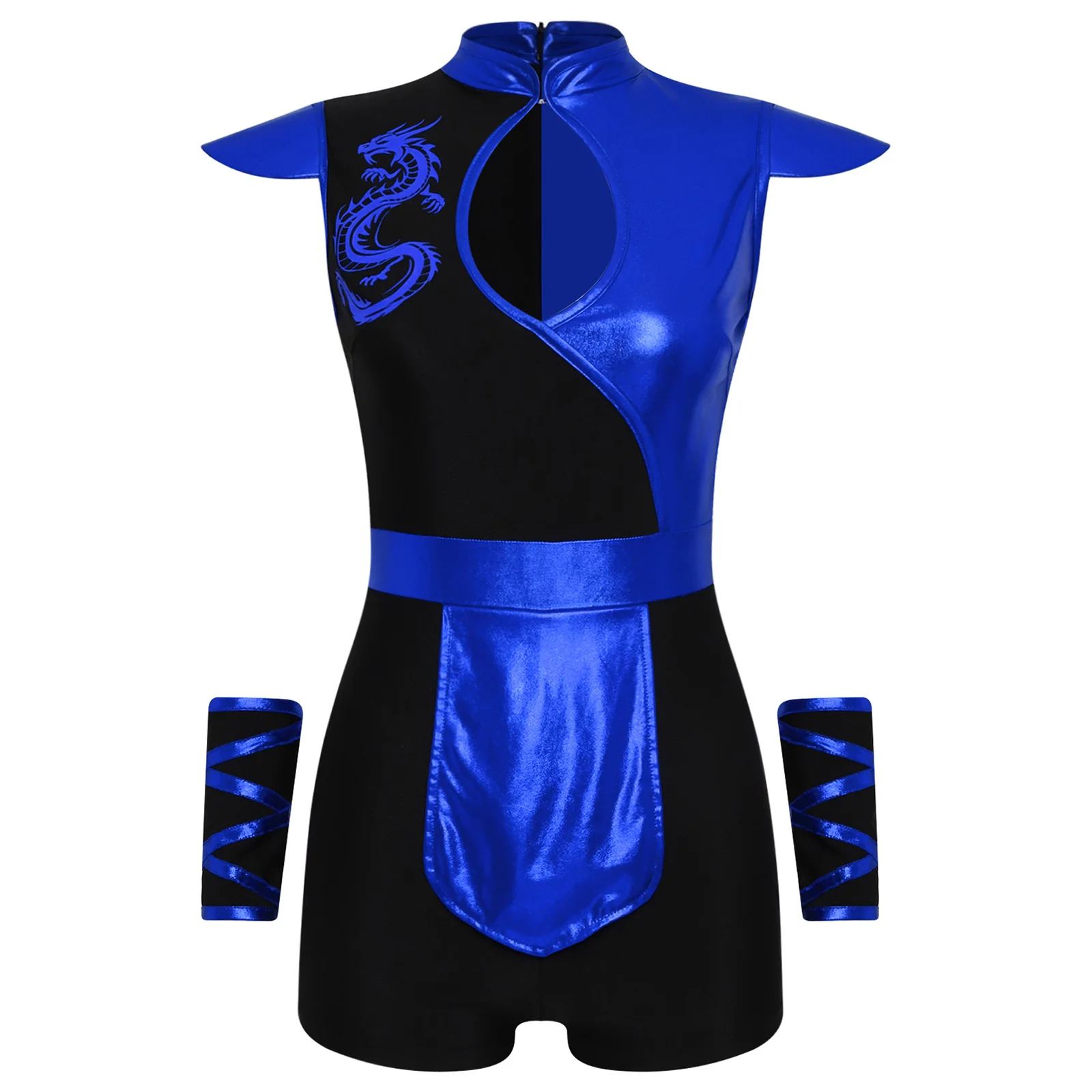 

Ninjia Match Competition Outfits Women Halloween Party Ninjia Cosplay Bodysuit Dragon Print Metallic Rompers with Arm Warmers