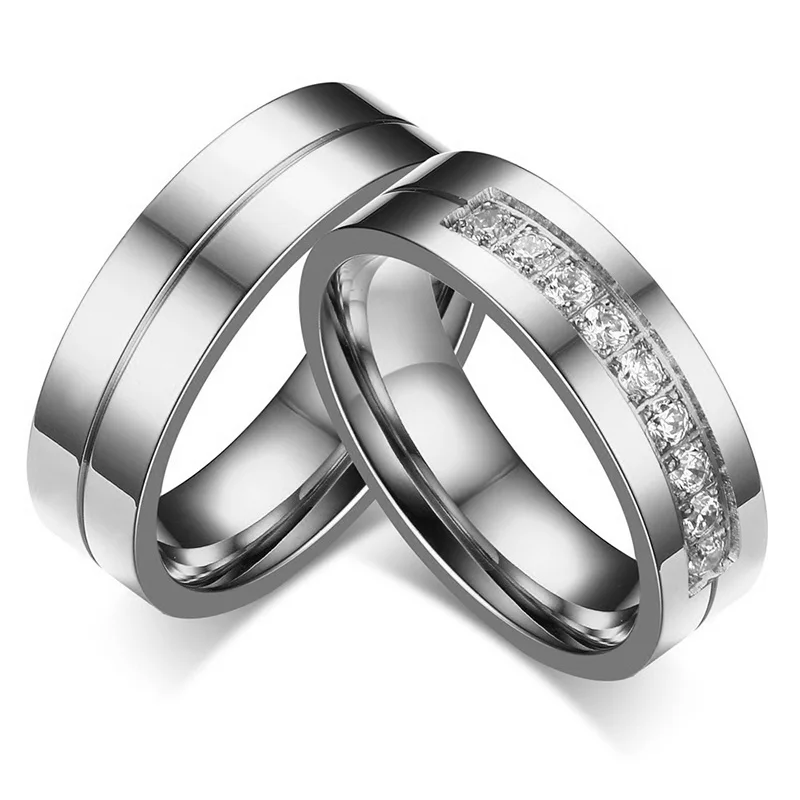 

Trendy Wedding Bands Rings for Women / Men Love Gift Gold Silver-color Stainless Steel CZ Promise Couple Charm Jewelry Wholesale