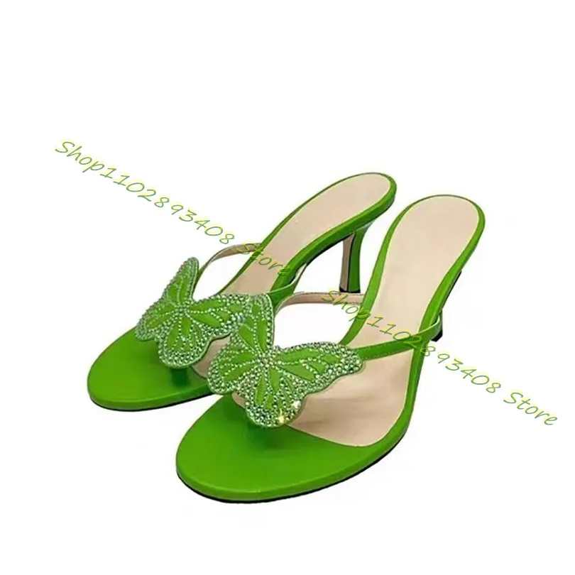 Green Butterfly Decor Rhinestone Slippers Stiletto High Heels Open Toe Flip Flops Women Concise Shoes 2023 Zapatos Para Mujere