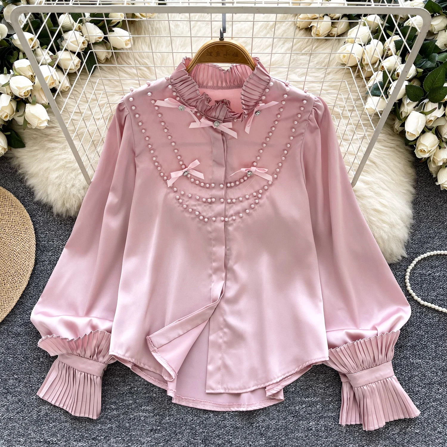 Basics Long Sleeves Elegant Stand Collar Chic Embroidered Beads  Bow Loose Satin Top French Streetwear High Street Autumn Shirts