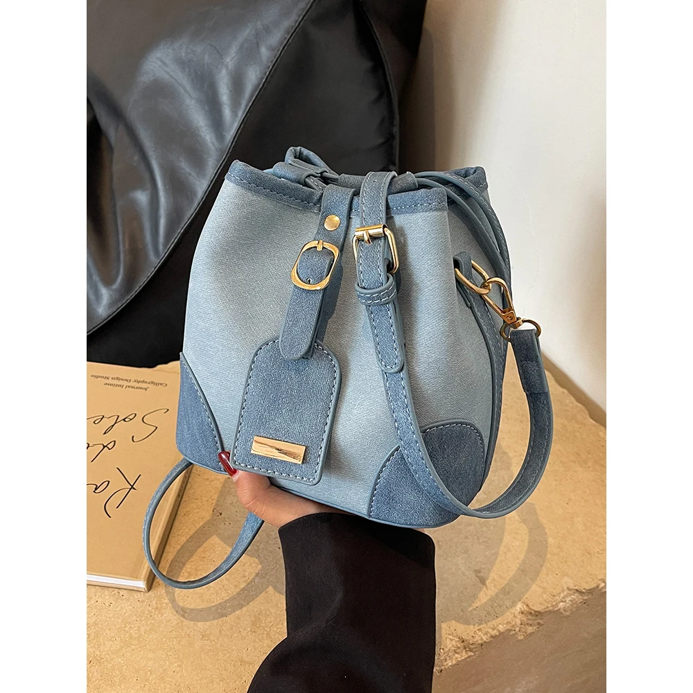 Women\'s Bucket Bag Contrast Color String Crossbody Shoulder Bags Female Casual Commute Messenger Pack Versatile Handbags