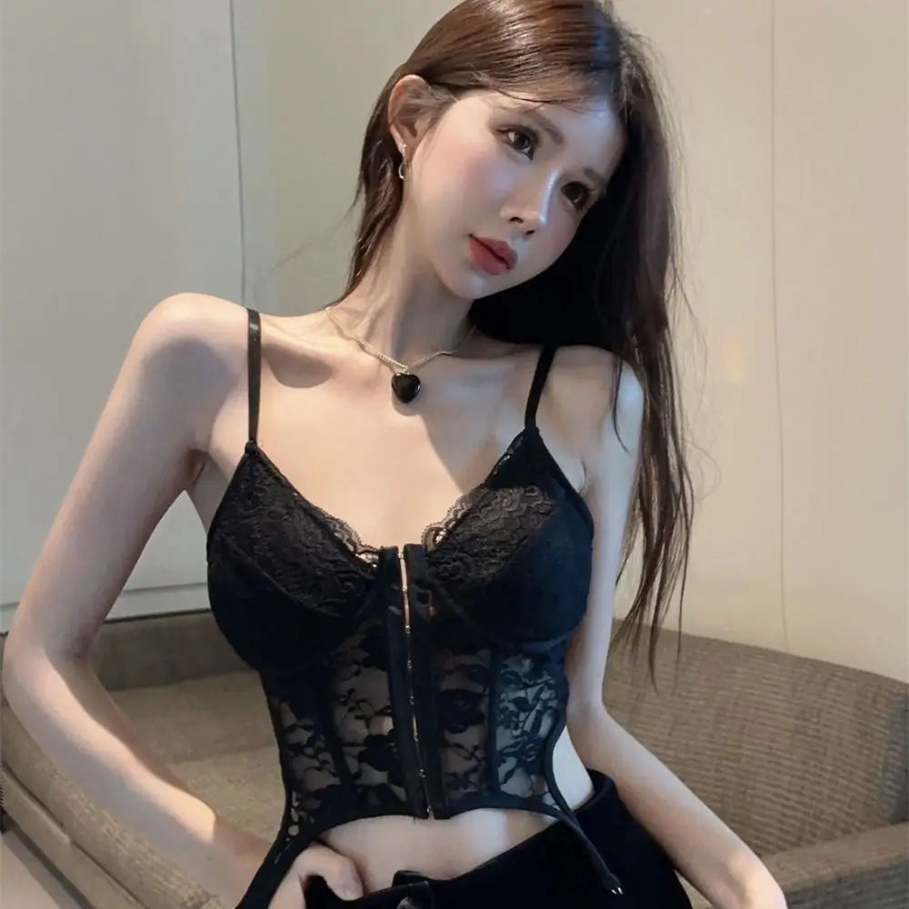 Cropped Blouse V-Neck Sexy Lace Corset Top Slim Fit INS Hollow Suspender Vest Sleeveless Push Up Floral Lace Camisole Ladies