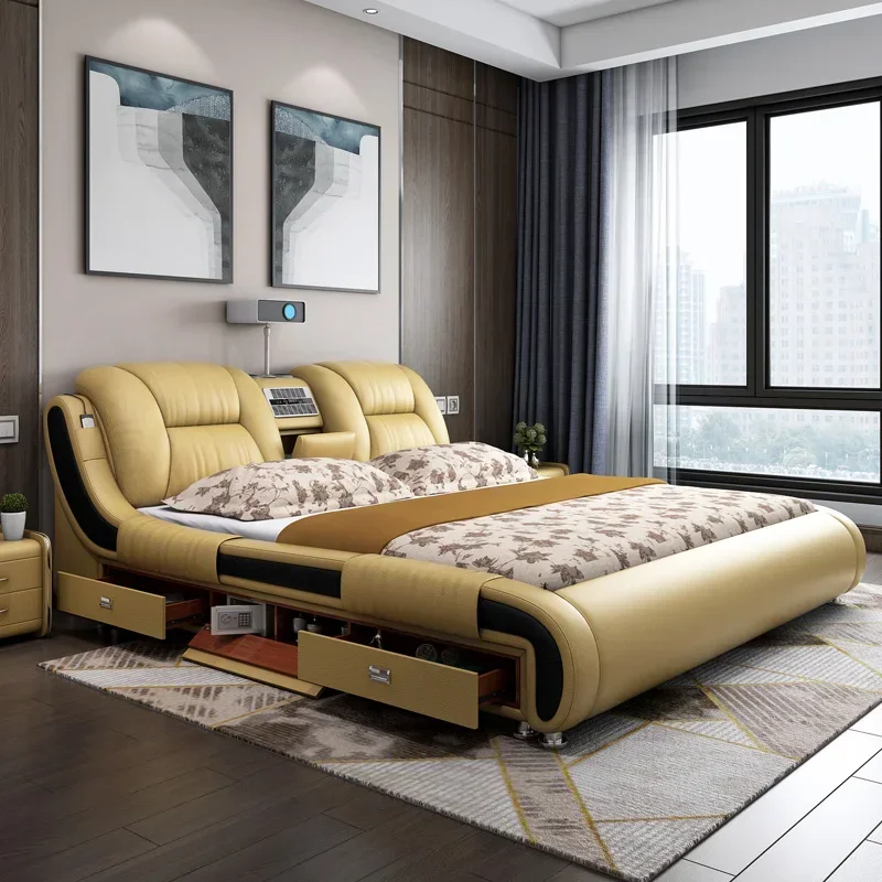 

Современная двуспальная кровать King Size с 2 ящиками для хранения, полками и каркасом, умная кровать Smart Lit 180x200, деревянная 150x200, мебель Camara