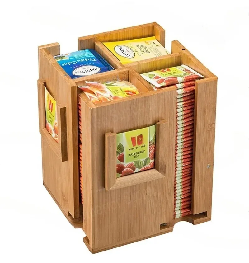

4 Sided Marked Rotating Visual Bamboo Tea Bag Organizer Storage Box Quick Found with Lid for Pantry