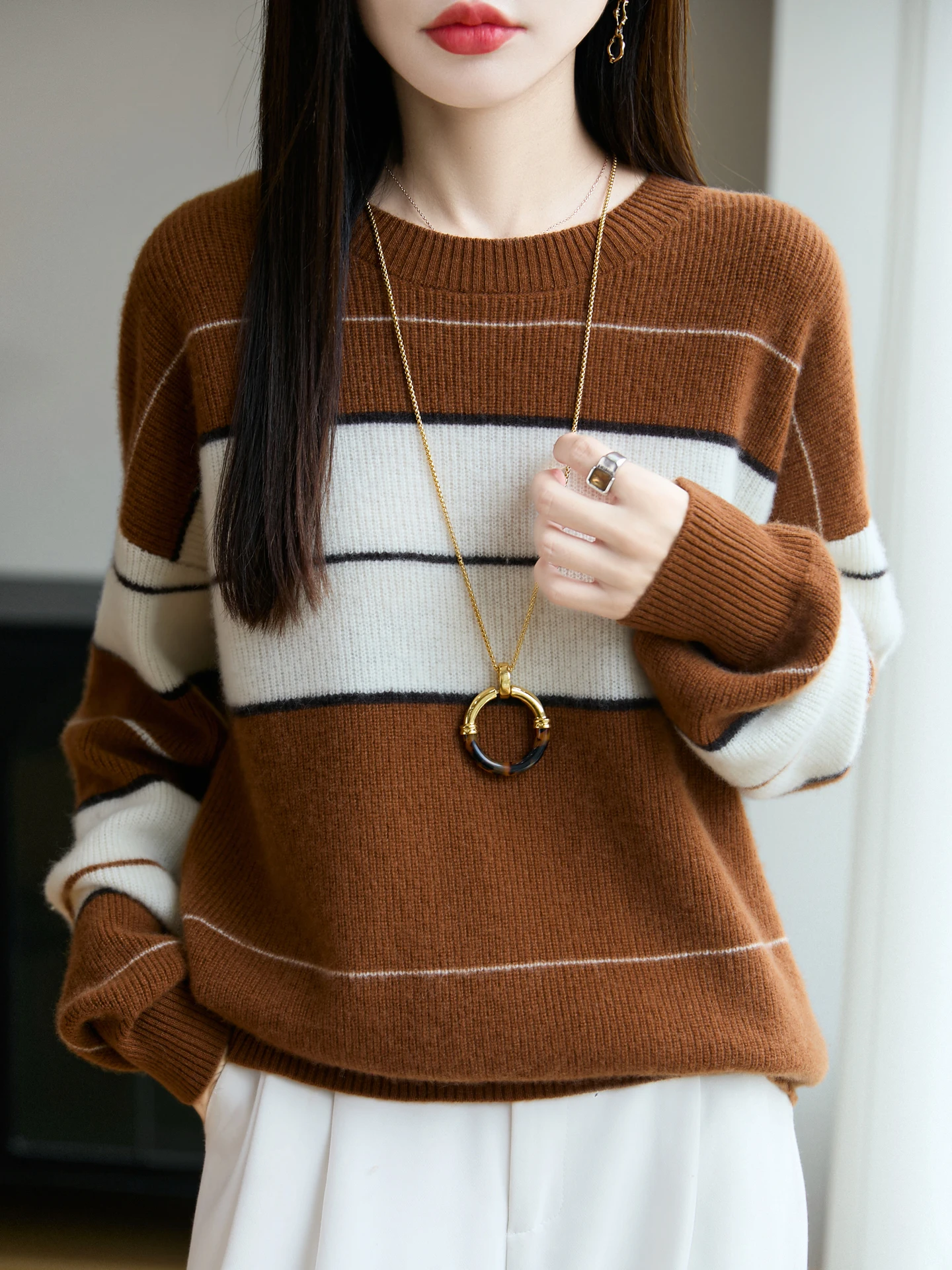 TLOML Women‘s 100% Merino Wool Knitwear O-neck Color Blocking Pullover Autumn Winter Mashmere Sweater Soft Thicken Casual Tops
