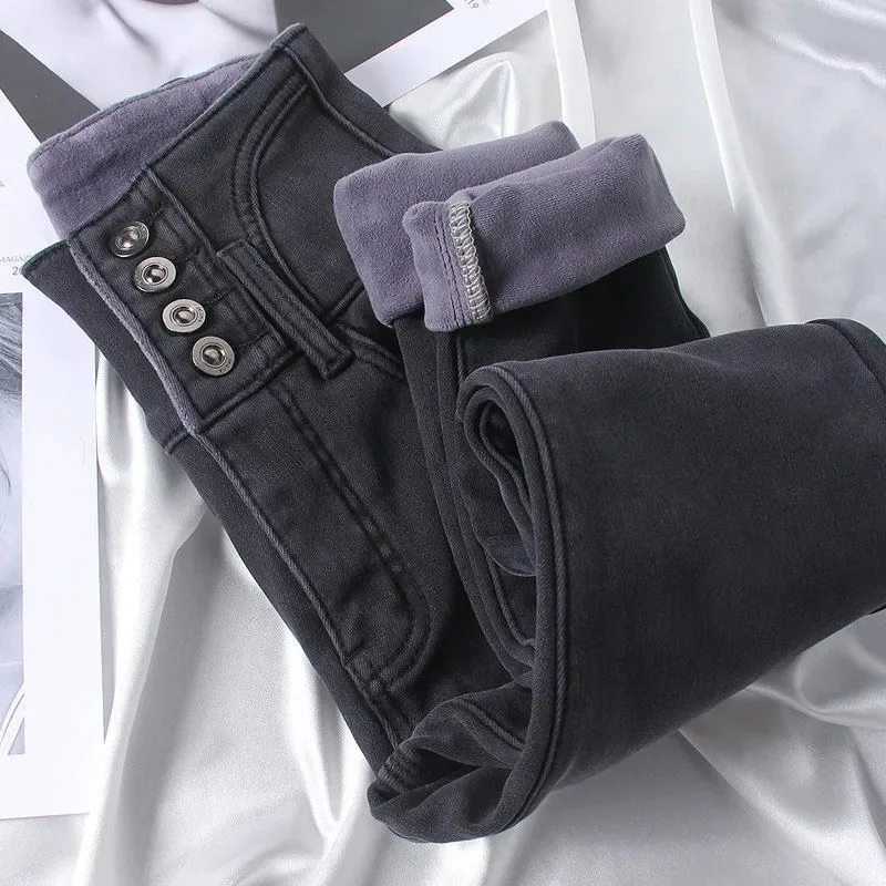 Women Skinny Leggings Vintage Plus Velvet Jeans Buttons High Waist Thicken Warm Pencil Vaqueros Smoky Gray Winter Denim Pants
