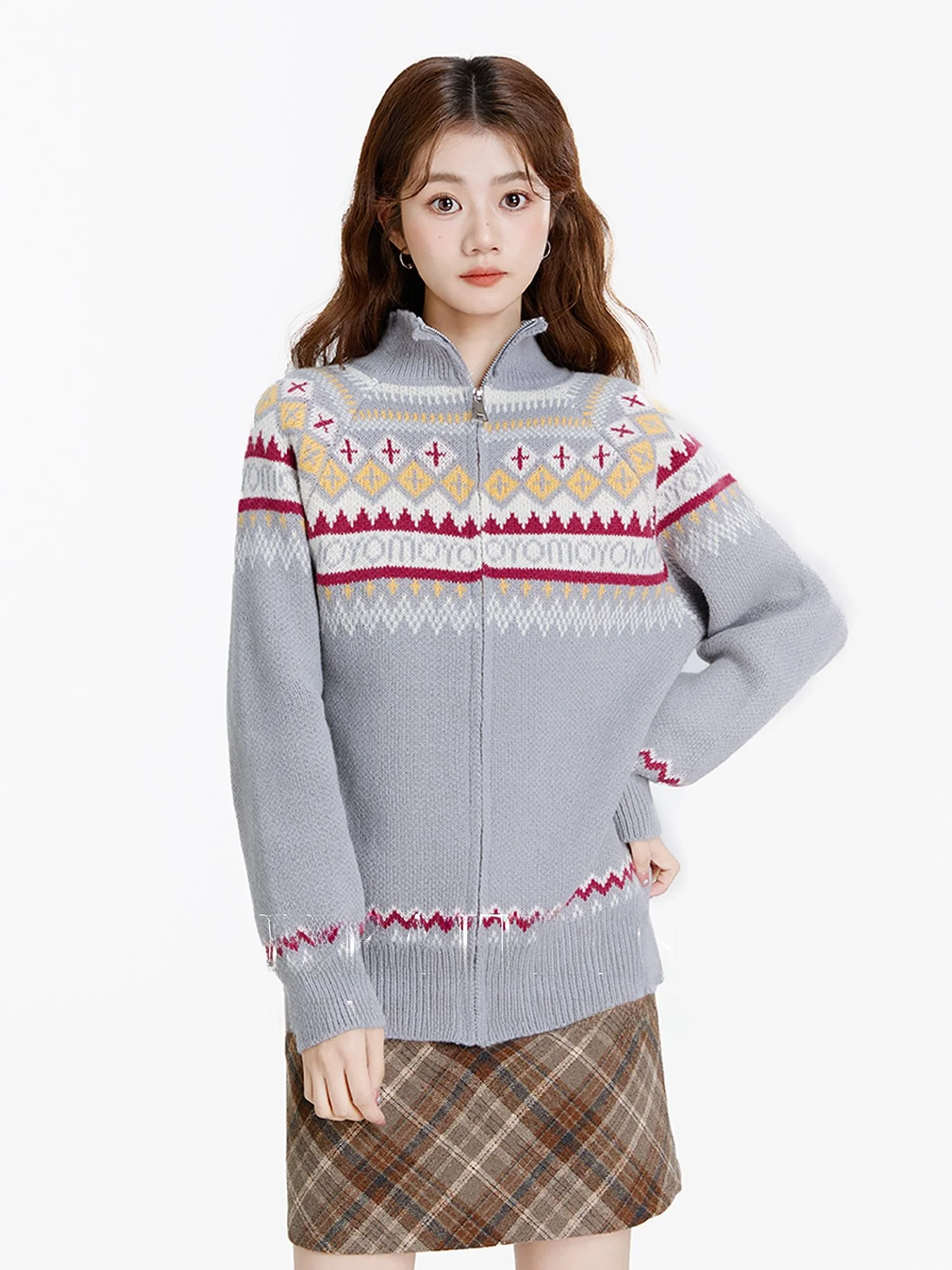 

Ретро Fair Isle вязаный свитер с высоким воротником пальто женский свободный крой на молнии открытый кардиган топ весна осень сезон длинный све