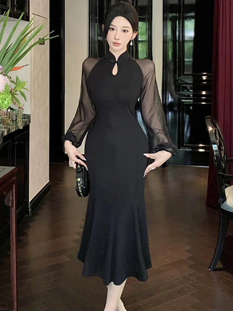 Women Korean Vintage Hepburn Party Evening Dress Autumn Winter Black Patcwhork Sheer Long Sleeve Dress 2024 Elegant Ruffled Robe