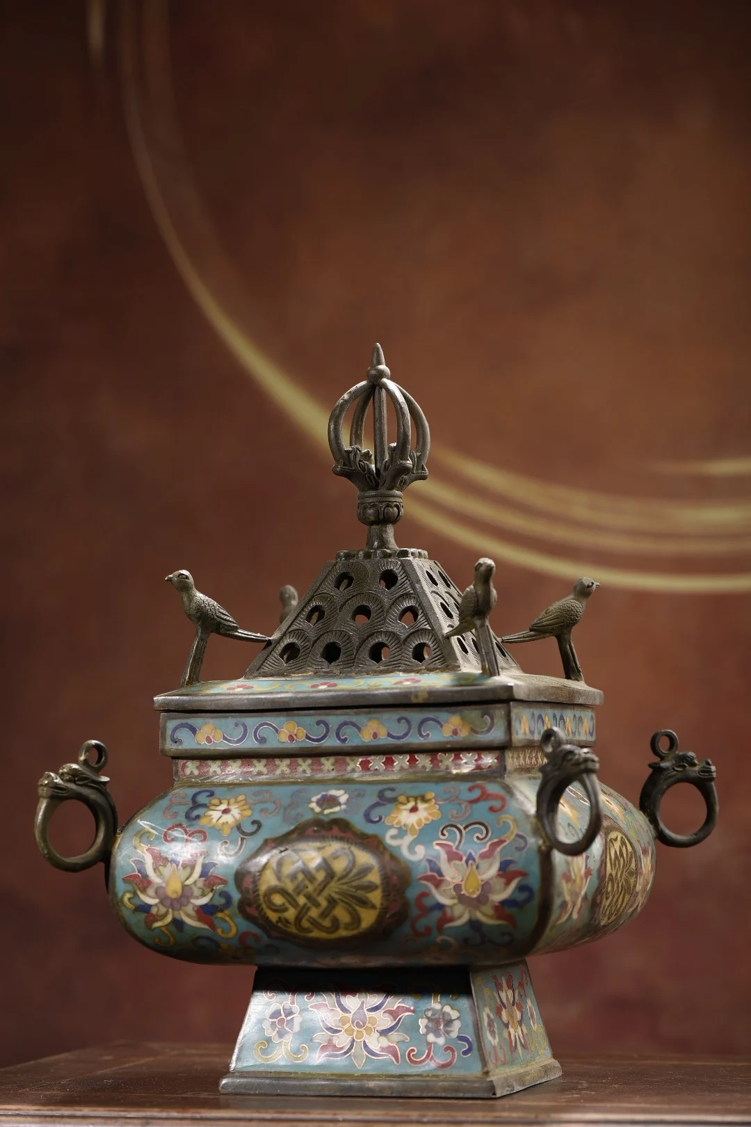 

12"Nepalese folk Old Bronze Cloisonne Enamel Magpie Four Sided Dragon Head incense burner Ornaments Worship Hall