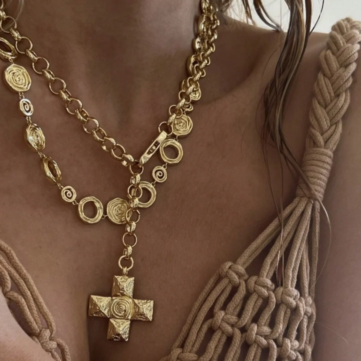 Punk 18K Gold Plated Stainless Steel Big Cross Pendant Necklace for Women Fashion Party Jewelry Gift