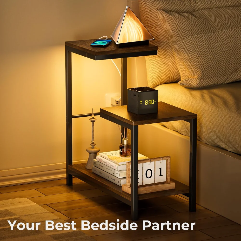 G-Shaped End Table - Small Side Table for Living Room, Bedside Table with Storage Shelf, Corner Tables for Small Spaces